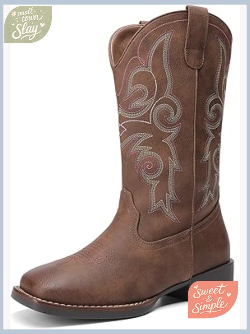 Embroidered Square Toe Mid Calf Western Boots Chunky Low Heel Country Concert